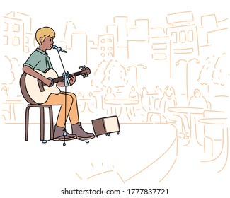 A man is playing the guitar and singing on the outdoor cafe stage. hand drawn style vector design illustrations. 