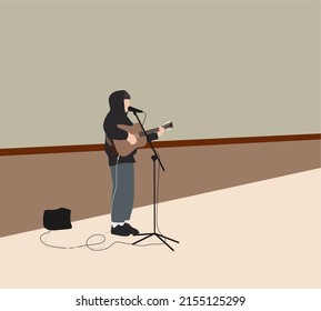 Man Playing The Guitar And Singing On The City Road. Street Performer Man Character Sing Song. Hand Drawn Style Vector Design Illustrations.