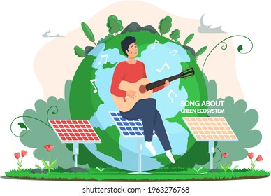 Man is playing guitar sitting on solar panel. Guy singing songs about green ecosystem, person resting in nature. Caring for environment of Earth. Production of electricity without harm to environmen