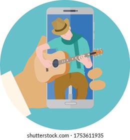 Man playing the guitar in a smartphone shaped frame vector illustration. A content creator musician is performing online. Guitarist play the song and appears on the smartphone screen.