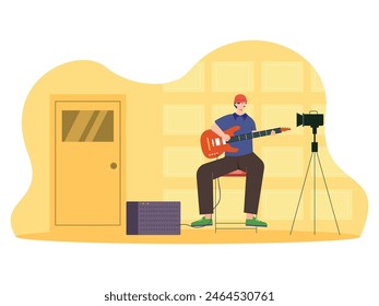Man playing guitar in a studio room, shooting with a camera. Character design. Vector flat illustration