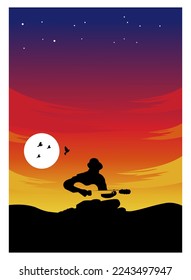 man playing guitar at sunset, vector illustration, silhouette