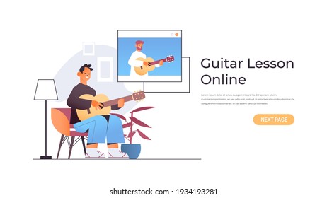 man playing guitar with teacher in web browser window during virtual conference online music lesson concept horizontal copy space vector illustration