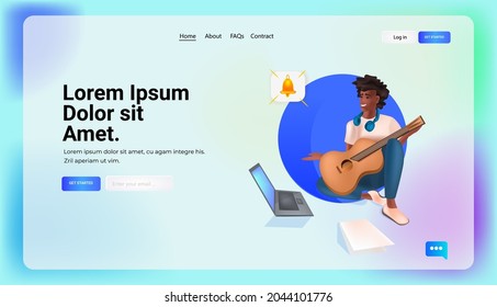 hombre tocando guitarra y usando el concepto de comunicación de burbujas de redes sociales de laptops
