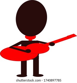 man playing guitar. Vector illustration of a cheerful man playing guitar happily with red guitar and wearing a hat