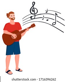 Man playing guitar vector, isolated person with musical instrument with strings. Notes on sheet hipster character talented person with beard flat style