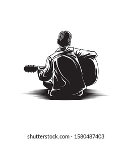 Man Playing Guitar View Back Illustration Vector
