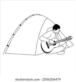 Man playing guitar while camping handdrawn illustration