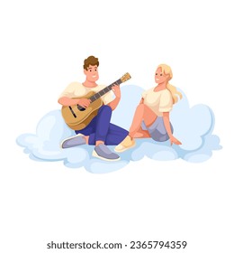Man playing guitar to woman in clouds vector illustration. Cartoon isolated romantic couple sitting together to enjoy acoustic guitar concert, date of characters on cloud with romance and love music