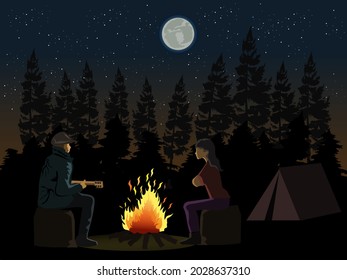 Man playing guitar to woman in front of a campfire with shadows of pine forest and moon in the background.