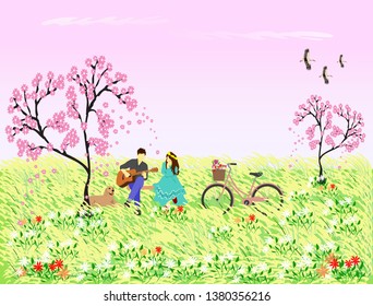 The man was playing the guitar for  woman to listen under the pink flower tree. There are dogs and bicycles beside ,with a reed field ,With pink sky  as a background