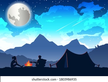 man is playing guitar and woman is listening at their camping trip,vector illustration