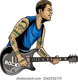 Man playing Guitar World Rock Day in Vector Cartoon Illustration