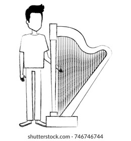 man playing harp character