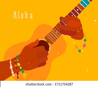 Man playing Hawaiian guitar, ukulele. Close-up of guitar and hands.  Aloha text, greeting card. Flat vector illustration