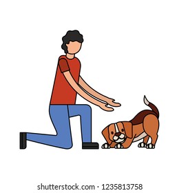 man playing with her beagle dog
