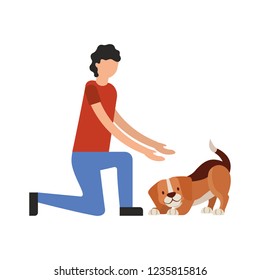 man playing with her beagle dog