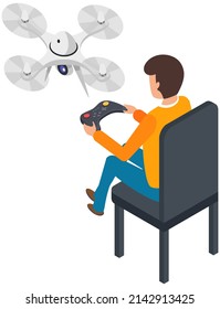 Man playing with hi tech technology. Guy launches copter and controls with joystick. Quadcopter launch, modern device for gaming and delivery. Flying vehicle control. Person plays with fly toy