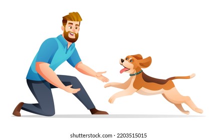 Man playing with his beloved dog cartoon illustration