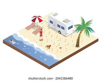 Man playing with his dog on the beach near the caravan car or mobile house. isometric vector concepts