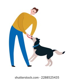 Man playing with his dog on white background flat vector illustration