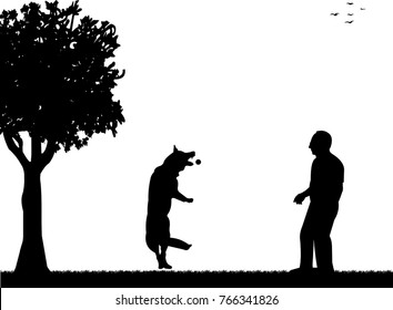 Man playing with his dog in the park silhouette layered, one in the series of similar images