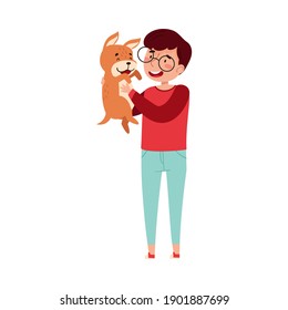 Man Playing with His Dog Puppy Vector Illustration