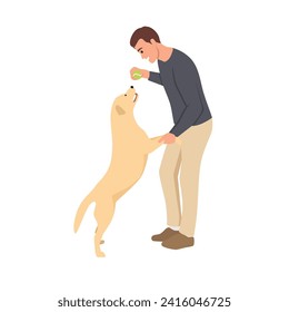 A man playing with his dog with tennis ball. Flat vector illustration isolated on white background