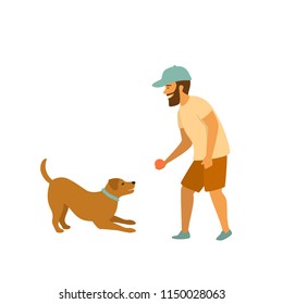 man is playing with his pet dog fetching ball game scene