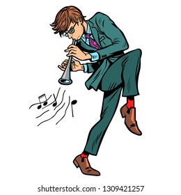 man playing the horn. Comic cartoon pop art retro vector illustration drawing