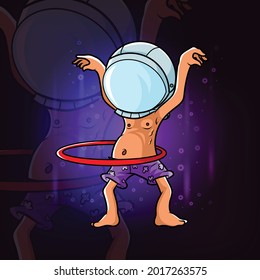 El hombre que toca el aro de hula y usa casco astronauta de ilustración