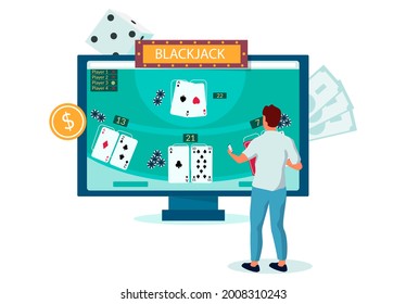 Man Playing Internet Blackjack Game Using Laptop Computer, Flat Vector Illustration. Online Casino Gambling. Entertainment. Casino Business.