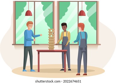 Man playing jenga at home together. People with board game indoor. Male character is playing with logic game on weekend. Guy collects wooden tower from bricks. Wooden blocks stacked in high tower