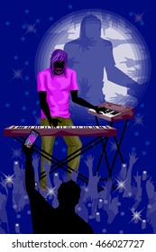 Man playing keyboard in Music band performance. Vector illustration