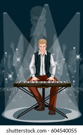 Man playing keyboard in Music band performance. Vector illustration