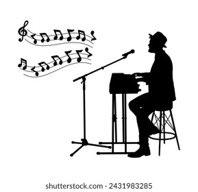 Man playing keyboard with music notes symbol vector black silhouette.	