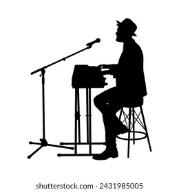 Man playing keyboard side view full length portrait vector black silhouette.	