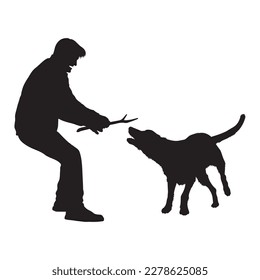 Man playing with labrador dog use wooden stick vector silhouette.