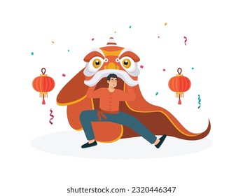 a man is playing the lion dance with his friends for the visitors who come to the festival
flat design, vector illustration