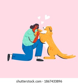 Man playing with lovely dog  cartoon illustration. Cute domestic animal friend hand drawn doodle banner design. Veterinary concept art.