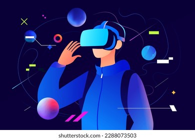 Man playing metaverse virtual reality with vr glasses, planet and universe in the background, vector illustration