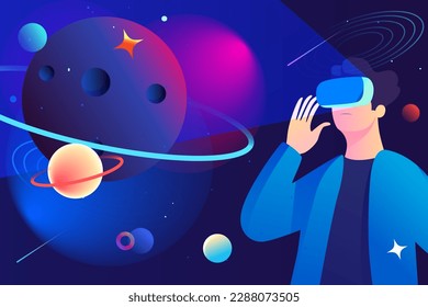 Man playing metaverse virtual reality with vr glasses, planet and universe in the background, vector illustration