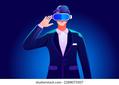 Man playing metaverse virtual reality with vr glasses, planet and universe in the background, vector illustration