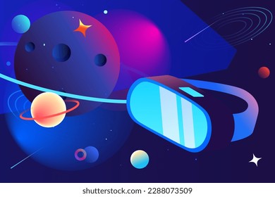 Man playing metaverse virtual reality with vr glasses, planet and universe in the background, vector illustration