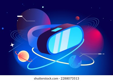 Man playing metaverse virtual reality with vr glasses, planet and universe in the background, vector illustration