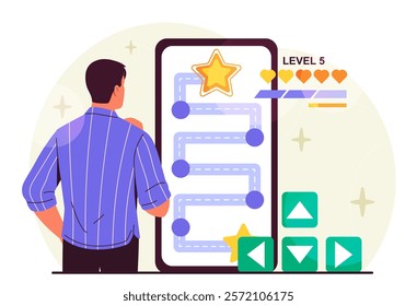 Man playing mobile game. Young guy stands near huge smartphone screen with video game. Gamer and esportsman. Person passes level. Entertainment and fun. Flat vector illustration