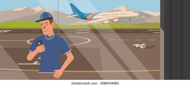 man playing mobile phone waiting for flight