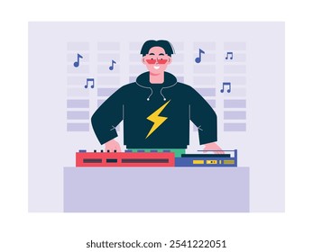 Man playing music in night club, trendy young dj. Design character. Vector flat illustration