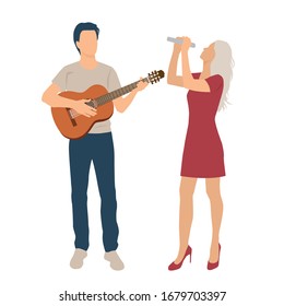 A man playing music on an acoustic guitar, a woman stands and sings, flat icon, cartoon realistic character isolated on a white background. Vector illustration in the style of a flat cartoon