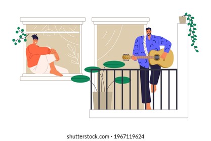 Man playing musical instruments guitar on balconies. Stay home quarantine. The concept of social isolation during the coronavirus pandemic. vector illustration